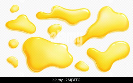 Jus d'orange, miel, peinture jaune ou déversements et gouttes d'huile. Flaques liquides de jus de fruits clairs, sirop doux, mangue, citron ou ananas, illustration réaliste de vecteur Illustration de Vecteur