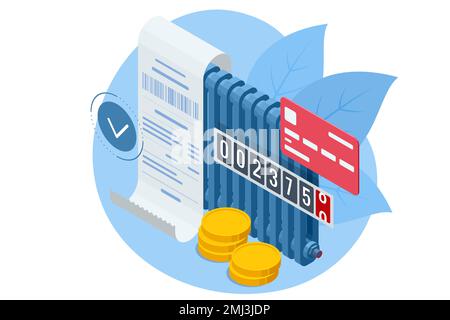 Facture isométrique, paiement de l'énergie thermique. Concept de factures d'électricité et d'économies de ressources. Paiement des factures de services publics. Frais de consommation d'énergie thermique Illustration de Vecteur