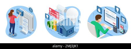 Facture isométrique, paiement de l'énergie thermique et de l'électricité. Concept de factures d'électricité et d'économies de ressources. Paiement des factures de services publics. Énergie thermique et Illustration de Vecteur