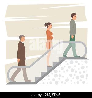 Escalier roulant isolé sur fond blanc. Les gens se tiennent sur l'escalier mécanique dans le métro, le centre commercial, le centre d'affaires. Illustration de Vecteur