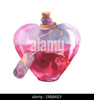 Aquarelle amour potion élixir en forme de coeur bouteille avec étiquette et illustration de diamant. Clipart de flacon rose dessiné à la main isolé sur le backgro blanc Banque D'Images