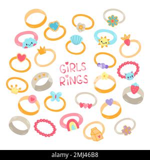 Ensemble de bijoux pour enfants, différents anneaux mignons. Anneaux de dessin animé pour enfants isolés sur blanc. Mode, concept de bijoux Illustration de Vecteur