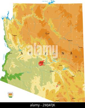 Carte physique très détaillée de l'Arizona, en format vectoriel, avec toutes les formes de relief, les régions et les grandes villes. Illustration de Vecteur