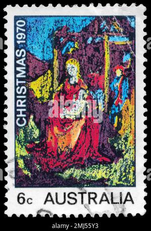 AUSTRALIE - VERS 1970: Un timbre imprimé en AUSTRALIE montre la Madonna et l'enfant, par William Beasley, numéro de Noël, vers 1970 Banque D'Images