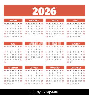 Calendrier vectoriel simple 2026. Les semaines commencent le dimanche Illustration de Vecteur