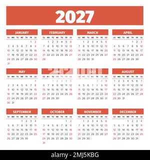 Calendrier vectoriel simple 2027. Les semaines commencent le dimanche Illustration de Vecteur