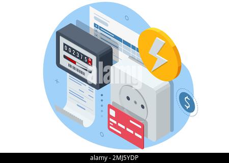 Facture isométrique, paiement de l'électricité. Concept de factures d'électricité et d'économies de ressources. Paiement des factures de services publics. Les gens qui paient l'électricité et l'électricité Illustration de Vecteur