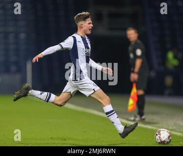 West Bromwich, Royaume-Uni. 27th janvier 2023. Matty Richards #63 de West Bromwich Albion réagit pendant le match de Premier League 2 U23 West Bromwich Albion U23 contre Aston Villa U23 à The Hawthorns, West Bromwich, Royaume-Uni, 27th janvier 2023 (photo de Gareth Evans/News Images) Credit: News Images LTD/Alay Live News Banque D'Images