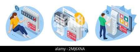 Facture isométrique, paiement de l'énergie thermique et de l'électricité. Concept de factures d'électricité et d'économies de ressources. Paiement des factures de services publics. Énergie thermique et Illustration de Vecteur