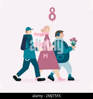 Heureux 8 mars, journée internationale de la femme. Trois personnes - jeune femme en robe rose, et deux hommes vont célébrer avec des fleurs, présent et bordeaux. Carte, poste Illustration de Vecteur