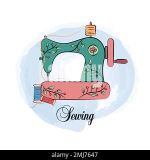 Machine à coudre. Illustration vectorielle d'un joli outil de coupe vintage dessiné à la main et de fils. Couture de texte et arrière-plan aquarelle. Illustration de Vecteur
