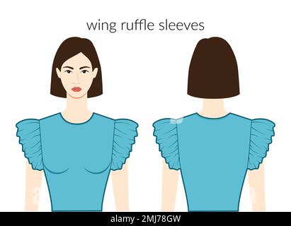 Aile volants manches courtes vêtements caractère belle dame bleu haut, chemise, robe technique mode illustration. Modèle de vêtements plats à l'avant et à l'arrière. Femmes, hommes unisex CAD maquette Illustration de Vecteur