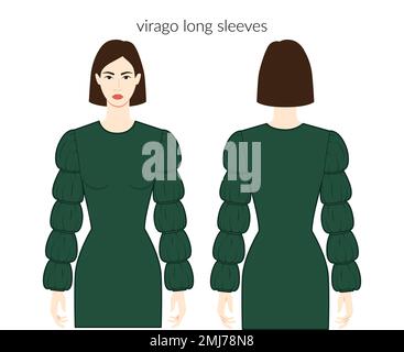 Manches Virago vêtements Marmaluke - robes bouffantes en belles femmes, hauts, chemises illustration technique de la mode avec corps ajusté. Modèle de vêtements plats à l'avant et à l'arrière. Femmes, hommes unisex CAD maquette Illustration de Vecteur