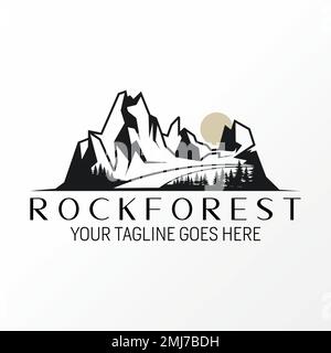 Unique mais simple montagne de roche avec forêt dense et oiseau image graphique icône logo design abstrait concept vecteur stock aventure ou paysage Illustration de Vecteur