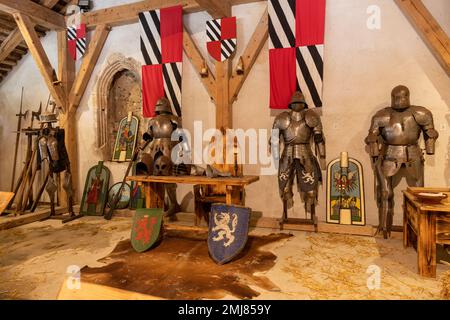Predjama, Slovénie - 16 octobre 2022 : salle avec armes médiévales et boucliers au château de Predjama (salle reconstruite) Banque D'Images