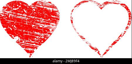 Ensemble de coeurs grungy rouges. Illustration vectorielle. Formes d'amour. Affiches tendance de Saint-Valentin texturées. Élément de motif artistique sale et usé pour un imprimé Illustration de Vecteur