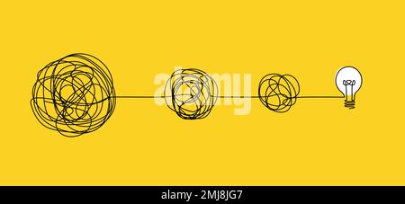 concept de génération d'idées et de collecte de pensées, brainstorming continu de dessin d'une ligne avec complexe enchevêtrement de ligne démêlant à la lumière éclatante Illustration de Vecteur