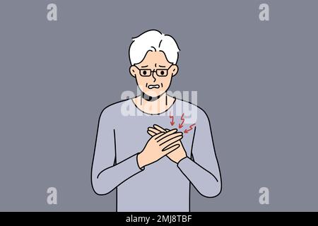 Un grand-père mûr malsain souffre de problèmes cardiaques. Un vieil homme malade atteint d'un mal de santé se débat sur la poitrine avec un arrêt cardiaque. Soins de santé aux personnes âgées. Illustration vectorielle. Illustration de Vecteur