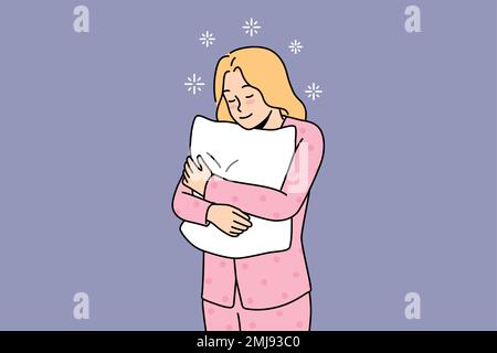 Bonne jeune femme de pyjama se sent endormi tenant un oreiller moelleux dans les mains. Une fille souriante dans un pyjama rose prête pour dormir ou faire une sieste à la maison. Fatigue et relaxation. Illustration vectorielle. Illustration de Vecteur