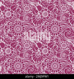 motif blanc sans couture sur fond rose vif, motif floral répétitif, motifs orientaux mahendi, contour blanc Banque D'Images