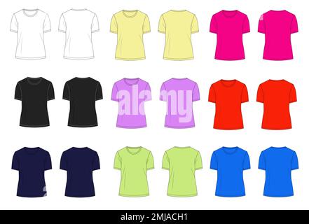 T-shirt à manches courtes et motif uniforme multicolore croquis technique pour femmes et filles. Illustration de l'art vectoriel maquette de vêtements Illustration de Vecteur