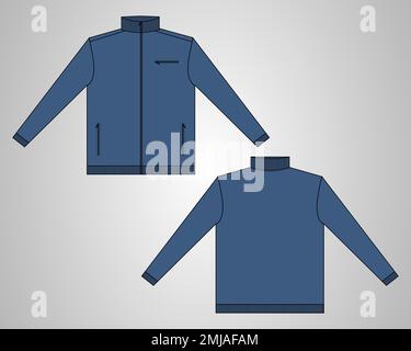 Col long avec manches veste design modèle global de dessin technique vectoriel dans la vue avant et arrière du coupe-vent. Blouson aviateur pour Homme. Veste plate Illustration de Vecteur