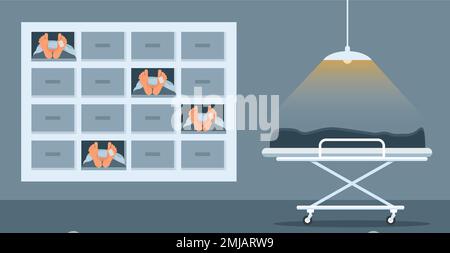 Intérieur de la morgue. Corps morts dans la morgue.salle mortuaire 2D intérieur de dessin animé avec lit à roulettes et équipement pour l'autopsie et l'embaumement sur b Illustration de Vecteur