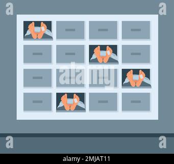 Intérieur de la morgue. Corps morts dans la morgue.salle mortuaire 2D intérieur de dessin animé avec lit à roulettes et équipement pour l'autopsie et l'embaumement sur b Illustration de Vecteur