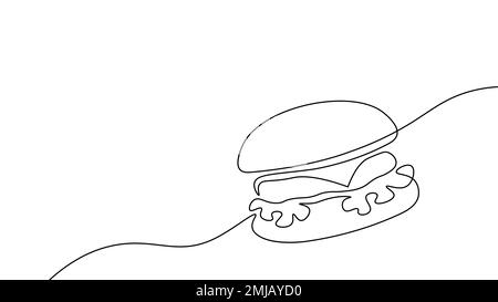 Concept de symbole cheeseburger continu à une ligne. Silhouette de hamburger de restauration rapide avec petits pains à salade de fromage. Esquisse numérique à une ligne blanche Illustration de Vecteur