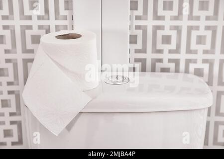 Rouleau de papier sur le réservoir de toilettes dans la salle de bains, gros plan Banque D'Images
