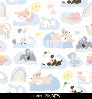 Motif sans couture avec animaux adorables dormant sur des nuages Illustration de Vecteur