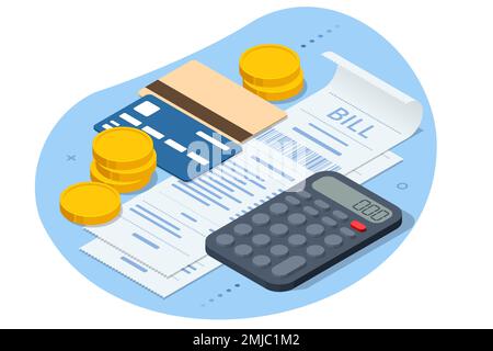 Paiement de facture en ligne isométrique. Accueil Utilitaires concept des services de paiement de factures. Gaz, eau, électricité. Économisez de l'énergie, payez vos factures d'électricité Illustration de Vecteur