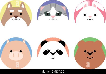 Ensemble d'icônes de visage d'animal. Forme arrondie. Un joli motif pour les enfants. Illustration de Vecteur