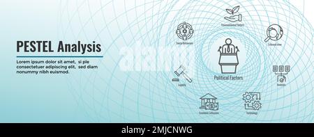 Analyse de l'entreprise à l'aide du jeu d'icônes des méthodes Pestel et de la bannière d'en-tête Web Illustration de Vecteur