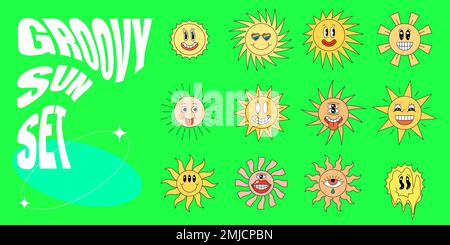 Style rétro et groovy, soleil brillant avec poutres apparentes. Psychédélique hippie folle smiley caricature mascotte collection. Lot de plusieurs autocollants abstraits vintage hippy. Émoticone mascottes tendance Y2K eps Illustration de Vecteur