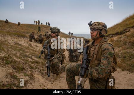 ÉTATS-UNIS Marines affecté à Echo Company, Battalion Landing Team 2/6, 22nd Marine Expeditionary Unit (MEU), poste de sécurité lors d'un exercice de récupération tactique du personnel d'aéronef près de Kristianstad (Suède), 26 août 2022. Le Kearsarge amphibie Ready Group et 22nd MEU, sous le commandement et le contrôle de la Task Force 61/2, sont en cours de déploiement aux États-Unis Marine Forces Europe zone d'opérations, employée par les États-Unis Sixième flotte pour défendre les intérêts des États-Unis, des alliés et des partenaires. Banque D'Images
