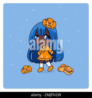 Adorable et kawaii fille avec des coquelicots. Chibi Manga. Illustration de Vecteur