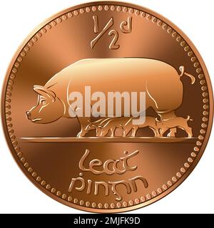 Monnaie irlandaise pièce d'or pré-décimale Halfpenny avec cochons au verso Illustration de Vecteur