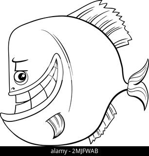Dessin animé noir et blanc illustration de la page de coloriage de personnage de poisson de la bande dessinée de piranha Illustration de Vecteur