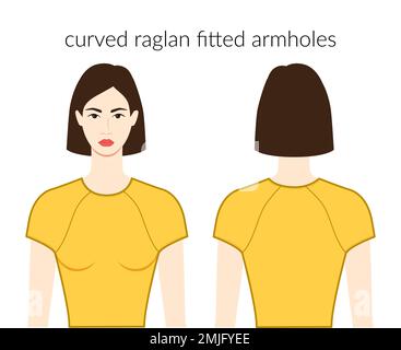 Raglan incurvé emmanchures cintrées manches vêtements - robes, hauts, chemises illustration technique de la mode avec corps ajusté. Modèle de vêtements plats à l'avant et à l'arrière. Femmes, hommes unisex CAD maquette Illustration de Vecteur