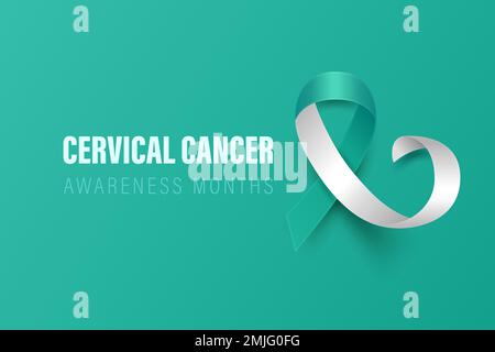 Banderole, carte, placard avec Vector 3D Realistic Teal et ruban blanc sur fond sarcelle. Symbole du mois de sensibilisation au cancer du col de l'utérus Illustration de Vecteur