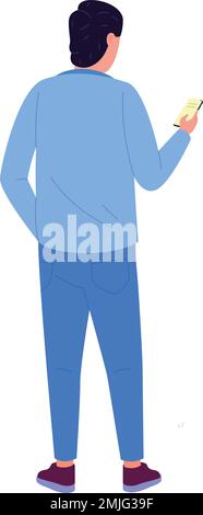 Homme avec smartphone vue arrière. Guy dans des vêtements décontractés isolés sur fond blanc Illustration de Vecteur