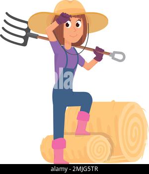 Les rouleaux de foin de l'agriculteur sont empilés avec une fourche. Femme de dessin animé Illustration de Vecteur