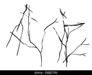 Fissure de glace dessin réaliste ligne noire isolée sans blanc. Fond transparent avec effet de terre cassé. Rayures verglacées. Enrache plate et éclair Illustration de Vecteur