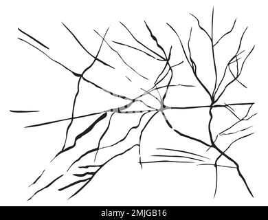 Fissure de glace dessin réaliste ligne noire isolée sans blanc. Fond transparent avec effet de terre cassé. Rayures verglacées. Enrache plate et éclair Illustration de Vecteur