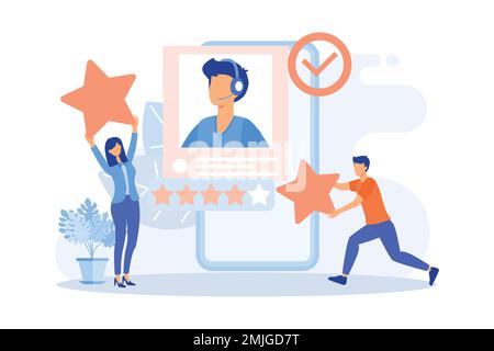 Commentaires des clients et illustration de l'expérience utilisateur. Personnages qui donnent un avis à l'opérateur du service client, en choisissant emoji pour afficher la note de satisfaction Illustration de Vecteur