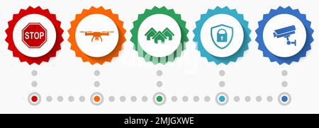 Icônes vectorielles de sécurité à domicile, collection de badges Web de conception plate pour système de vidéosurveillance, modèle d'infographie d'entreprise Illustration de Vecteur