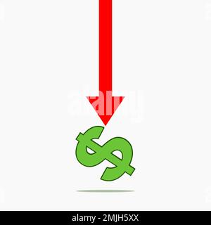 Symbole dollar crash avec flèche rouge sur fond blanc. Ralentissement économique mondial. Récession. Crise du marché. Illustration de Vecteur