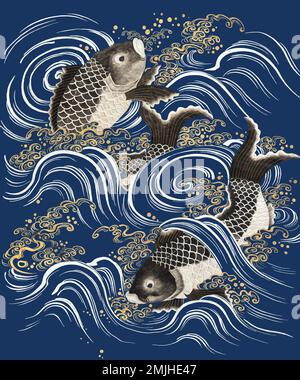 Poisson-carpe en vagues, fond bleu vectoriel, avec des œuvres d'art du domaine public Illustration de Vecteur