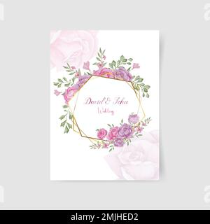 Mariage floral invitation économisez le motif carte de date avec des fleurs de pivoine de jardin blanc crémeux, roses rouges, feuilles vertes, fougère de verdure et géométrie dorée Illustration de Vecteur